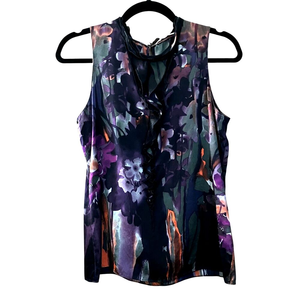 T Tahari ruffle front floral watercolor silk sleeveless blouse